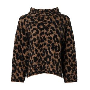 Kate Spade Alpaca Black & Brown Leopard Print Mock Neck Cropped Sweater Size S